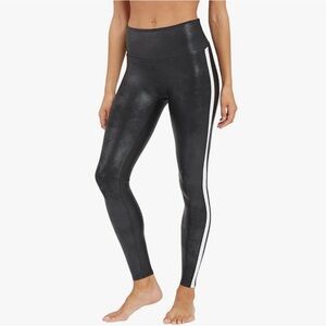 Spanx, High-Waisted, faux leather, Black Leggings, with White Stripe-worn ONCE